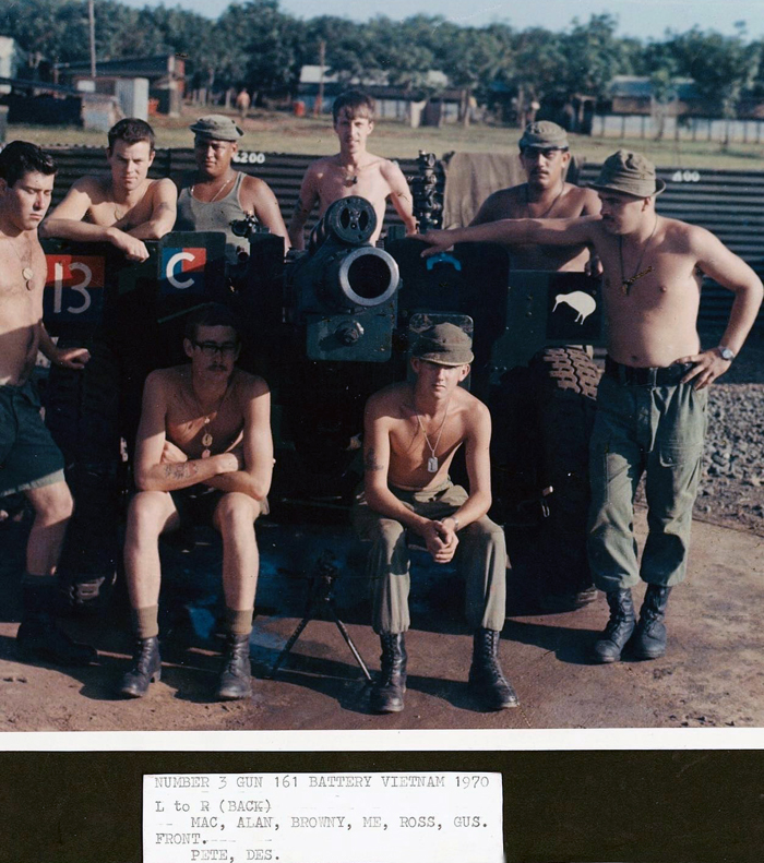 Group of men in khaki military uniform standing and kneeling around artillery gun.