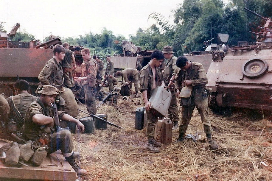 1 Pl V6 Coy prior to second assault on bunker, Operation Hermit Park, 1971