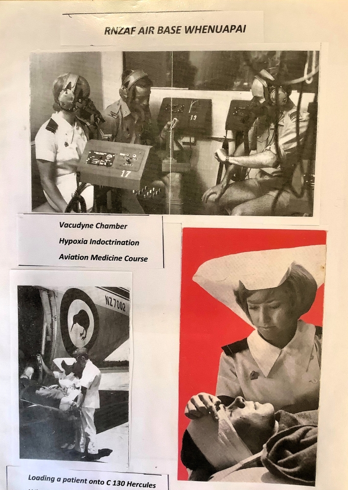 Black and white photograph montage of nurse in military uniform working with patients on aircraft