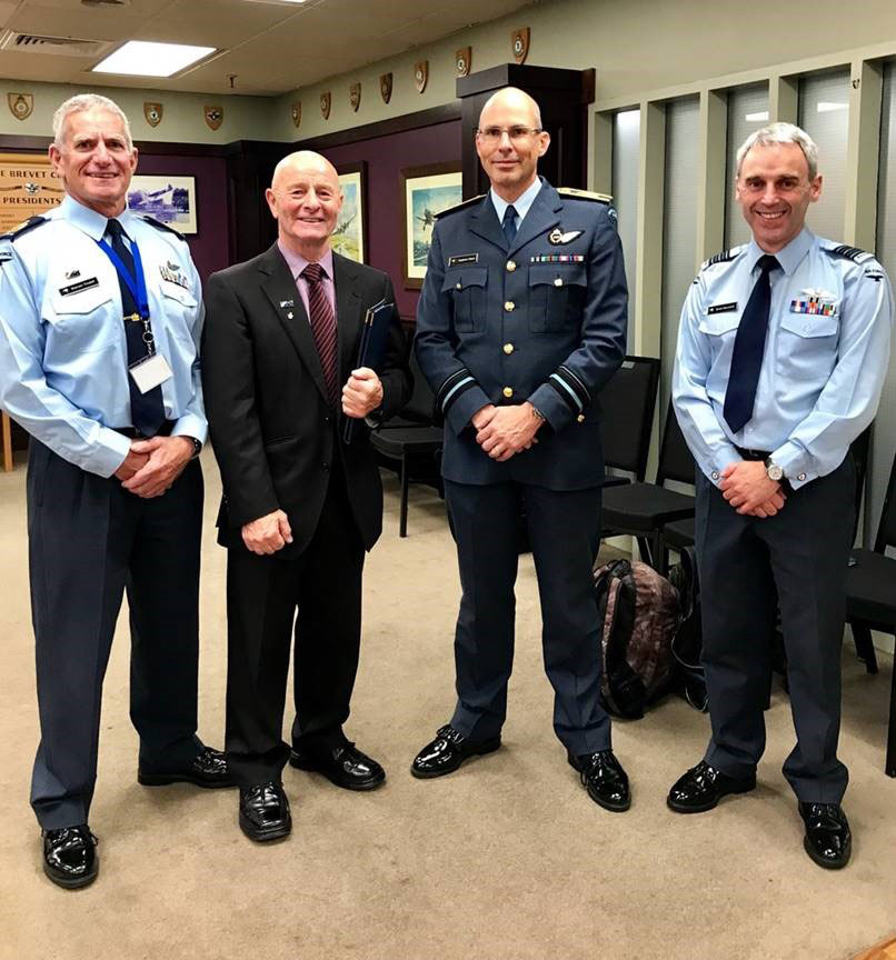 Warrant Officer Warren Tyndall, Doug ’Scotty’ Wingfield, Air Vice-Marshall Andrew Clark, Deputy Director Of Air Force Museum Brett Marshall