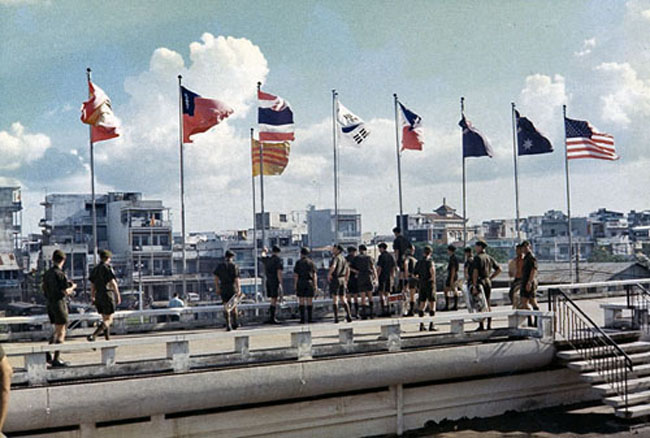 Band members on the roof of the Free World Military Headquarters in Saigon - 1RNZIR Band Tour, 1969