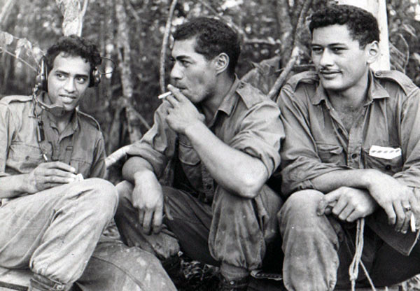 Awaiting a resupply, circa 1967-1968. Left to right: Pat Nuku, Ben Hetaraka, and George Taia