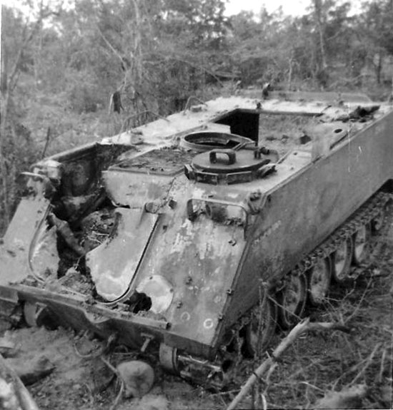 Burnt out Australian APC at FSB Coogee, May 1968