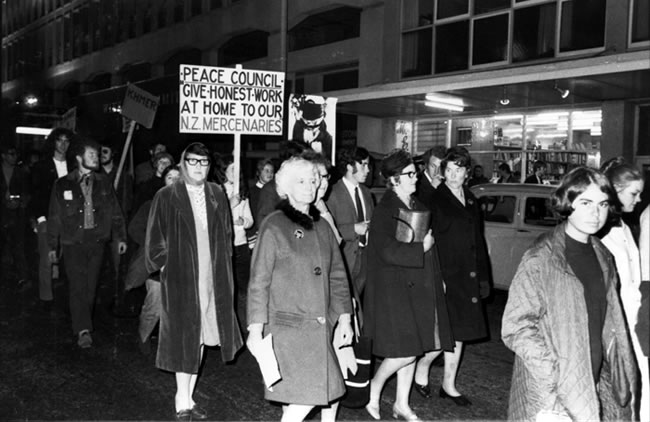 Peace Council supporters during anti-Vietnam War march in Wellington, 1971 