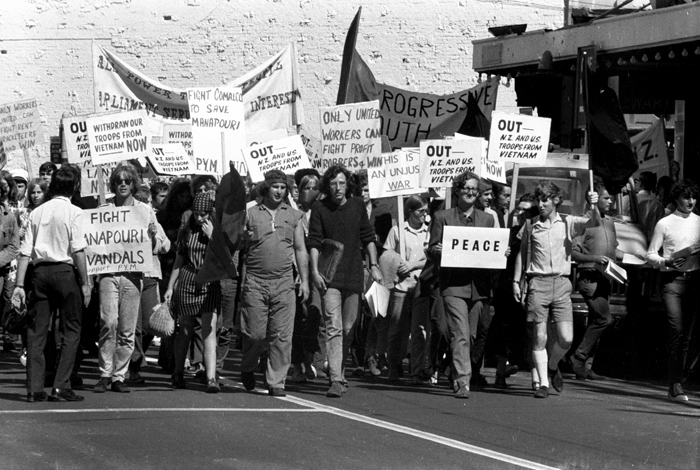 Competing slogans during protest in Wellington, April 1970