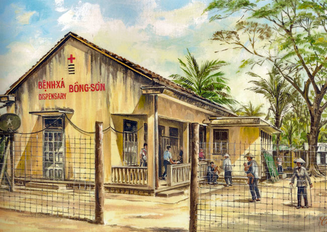 Painting of Bong Son dispensary by Maurice Conly, circa 1969