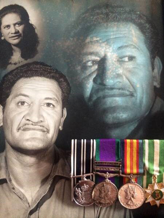The face of Leslie Kairau with images of his service medals and wife superimposed in the background.