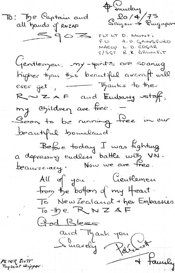 Note from Peter Scott to RNZAF crew, April 1975