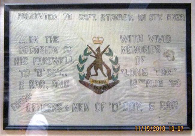 Flag presented to Captain Morrie Stanley by members of D Company 6RAR, 1966 Flag presented to Captain Morrie Stanley by members of D Company 6RAR, 1966
