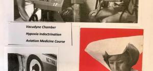 Black and white photograph montage of nurse in military uniform working with patients on aircraft