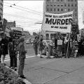 Anti-war protesters outside Auckland Town Hall, 12 May 1971