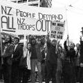 Anti-Vietnam War protesters outside the Auckland Town Hall, 12 May 1971