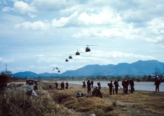 Helicopters coming in for pick up for Operation Coburg, 1968